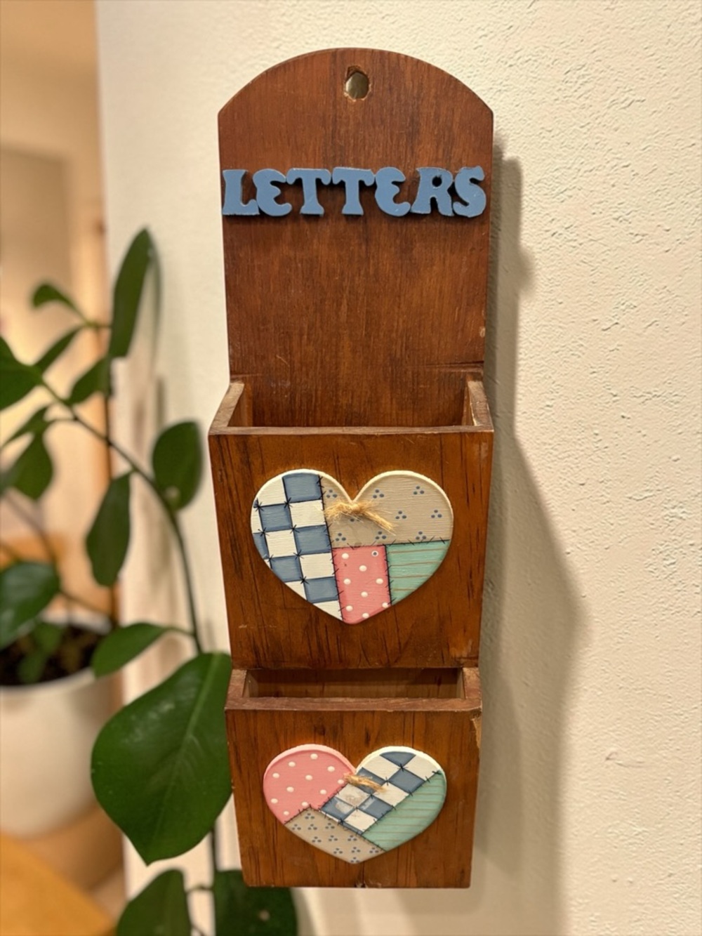 Vintage 2 Tier Wood Mail Organizer Wall Rack W/ Hand Painted Heart Decals Letter